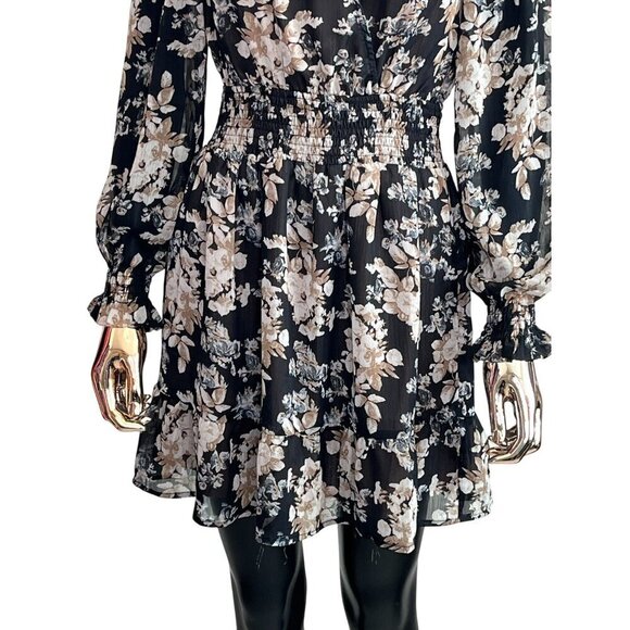 VICI Brown Floral Long Sleeve Smocked Waist Mini Dress With Ruffled Hemline XS - Picture 7 of 12